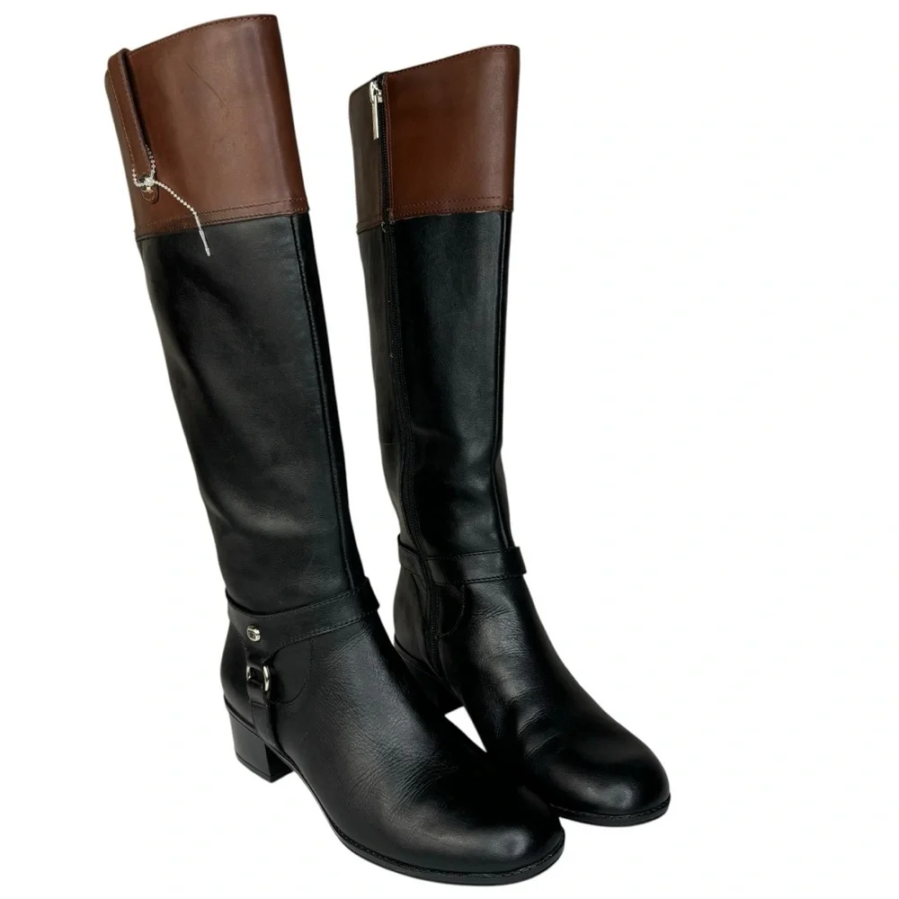 Black & Brown Leather Knee Boots Bandalino Zipper 2” Block Heels Worn Once Only